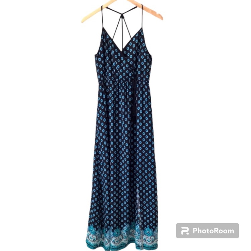 XHILARATION MAXI DRESS BLACK BLUE WHITE PAISLEY PATTERN SMALL RACERBACK